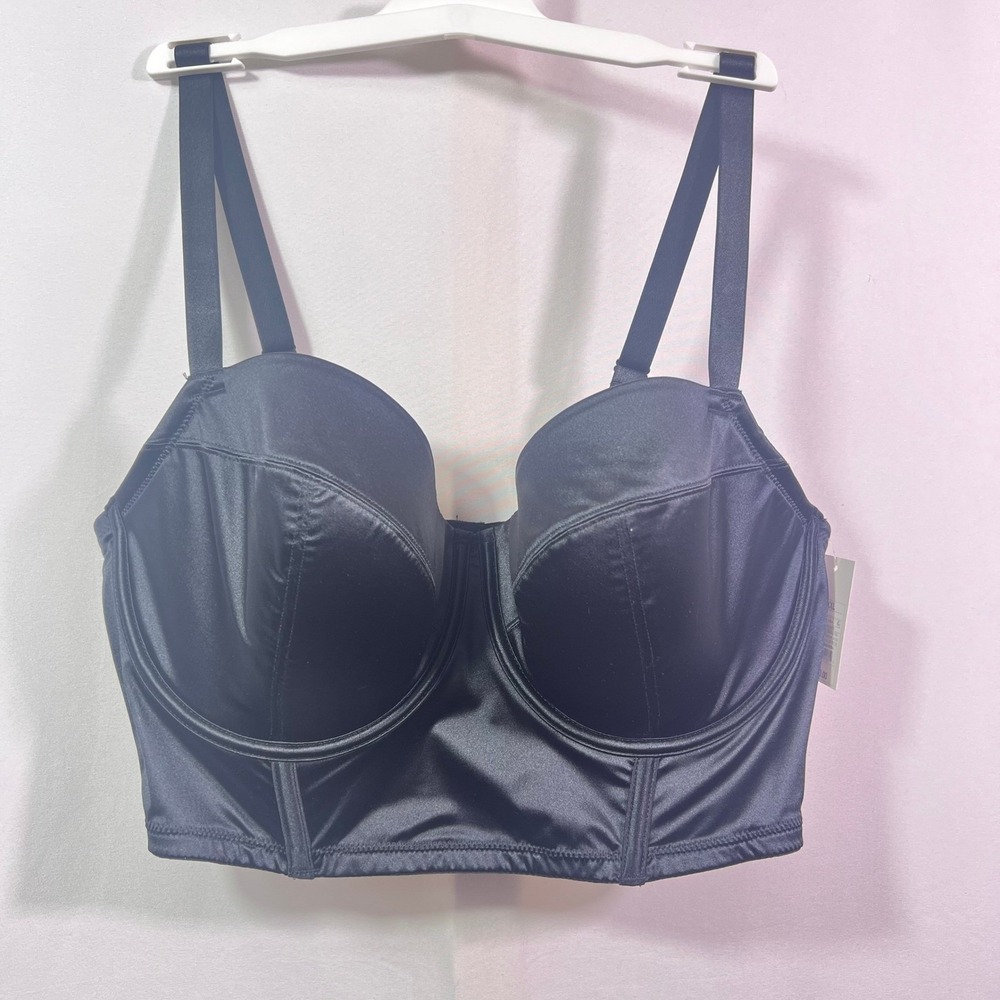 Auden Black Satin Longline Corset Bustier Bra Top Underwire Medium NEW - Picture 2 of 9